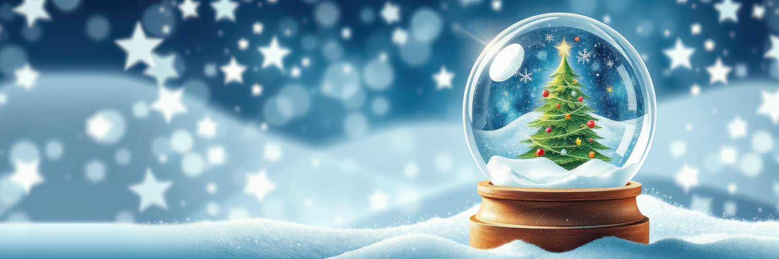 A snow globe with a small Christmas tree sits on a snowy surface against a background of white stars